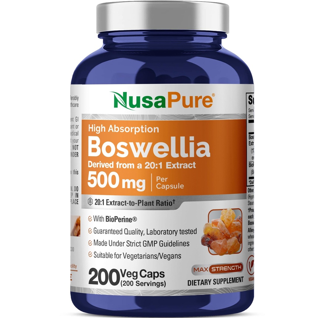 NusaPure Boswellia Serrata Per Veggie Caps 200 Counter (Ext. 20:1, Non-GMO, Vegan, Bioperine) Ayurvedic Herb: Indian Olibanum, Frankincense (印度语).