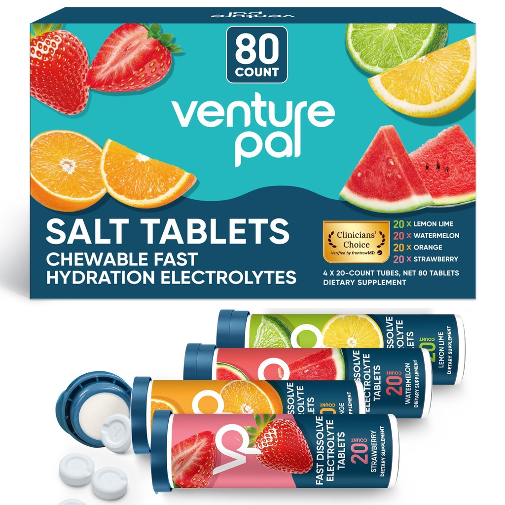 Venture Pal Chewable Electrolyte 板块,80 Counter-Disolve Fast-Disolve 糖无糖棒盐板块 - 快速水分的品种包,户外跑步,徒步,体育 QQ Keto & Vegan 友好 QQ 4 Pack