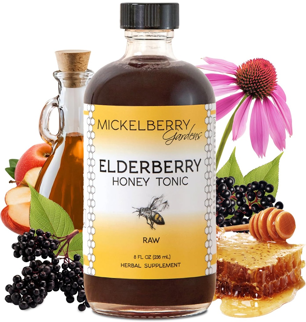 Mickelberry Gardens 长老莓蜂蜜汤尼、Sambucus Syrup 黑长老莓-成人和孩子的免疫支持(8 Ounces)