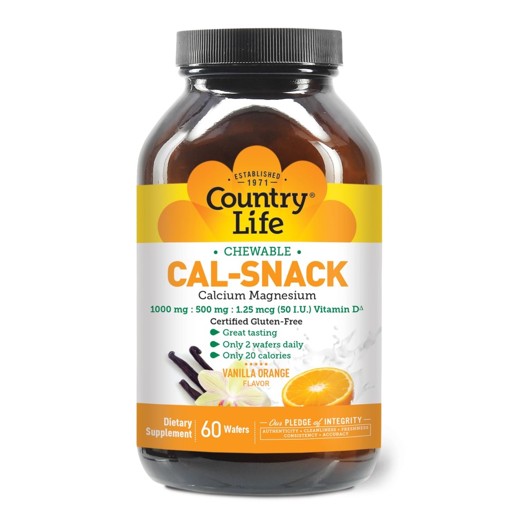 乡村生活 Cal-Snack, Chewable Calcium, 具有维生素D的镁, 1000mg/500mg/50 IU, 乳品无乳品, 香草橘 Flavor, 60 Wafers, 认证 Gluten Free, 认证 Vegan
