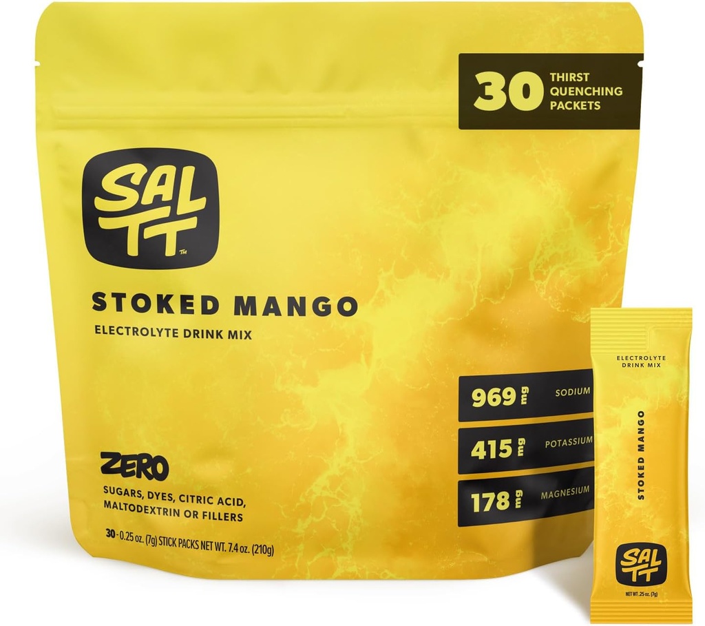 SALTT 电解石 粉末火焰 饮料 混合 - Stoked Mango - 30 水解包 - 镁,钾,钠,痕量矿物 - 零糖和葡萄糖 免费 - 旅行必需品