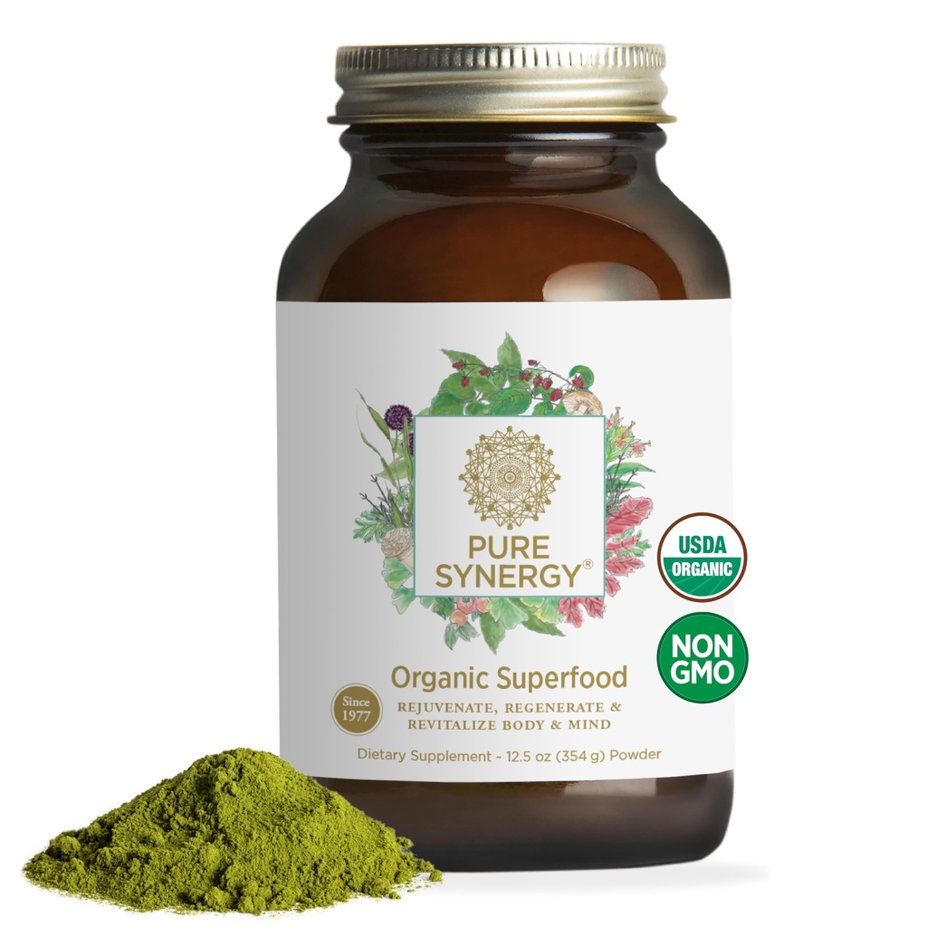 PURE SYNERGY Organic Superfood Powder | Green Superfood Powder | Whole Food Supplement with Organic Greens, Spirulina and Mushrooms | for Energy, Healthy Aging, and Immune Health (12.5 oz)