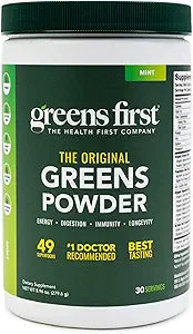 Greens First 原绿粉 - 49 Superfoods - 有机水果与蔬菜 - Prebiotics, Probiotics & Digisive Enzyms - 抗氧化剂平滑剂 - 乳品自由, Vegan & Non-GMO(Mint, 30 services)