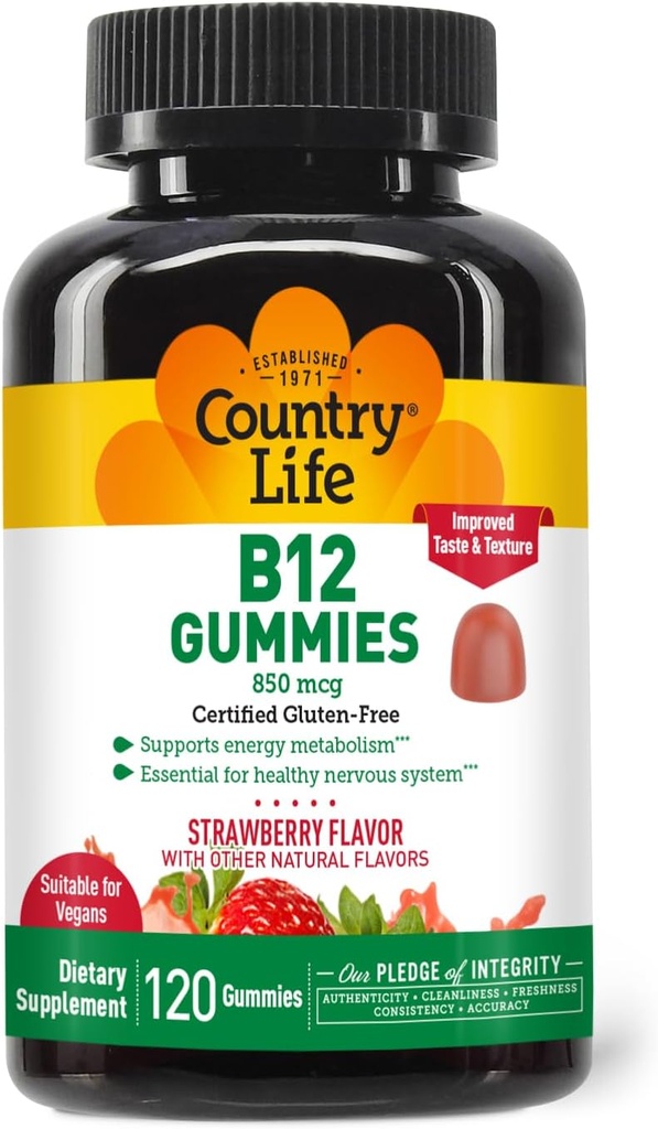 Country Life Vitamin B12 Gummies – 850 mcg Cyanocobalamin, 120 Count – Vegan, Gluten-Free Gummy Supplement for Energy Metabolism & Nervous System Support – Natural Strawberry Flavor, 2g Sugar