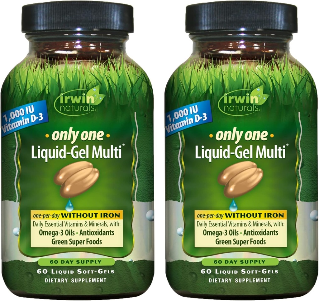 Irwin Naturals Only One Liquid-Gel Multi without Iron - 60 Liquid Soft-Gels,包2 - Omega-3 Oils,抗氧化剂和绿色超级食品 - 120 总服务量