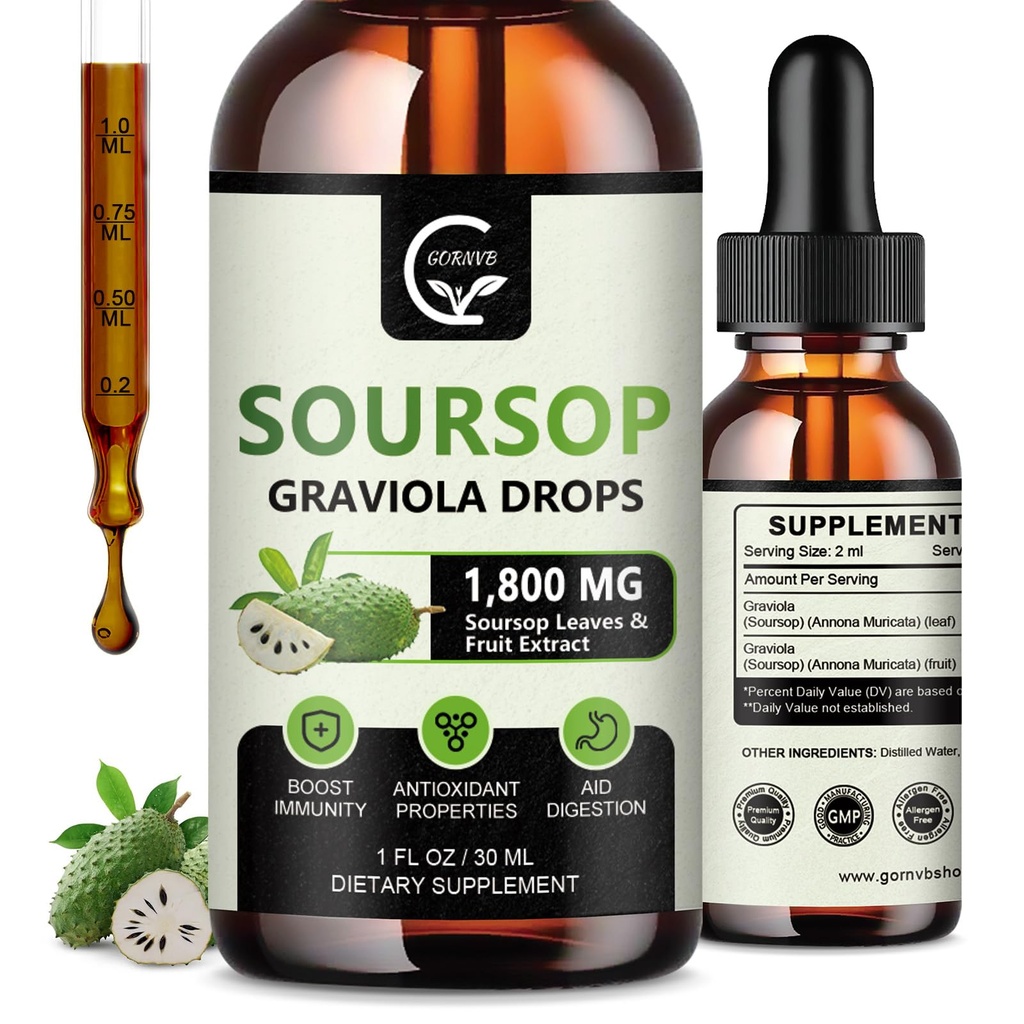 (2 Pack) Soursop Graviola 液滴 1800mg, 98% 吸收 Soursop 位数器液体用于细胞支持和再生, Imune boost, Relax, Liver and Sleep, Herbal Goodness, Gluten Free, 1 Fl Oz