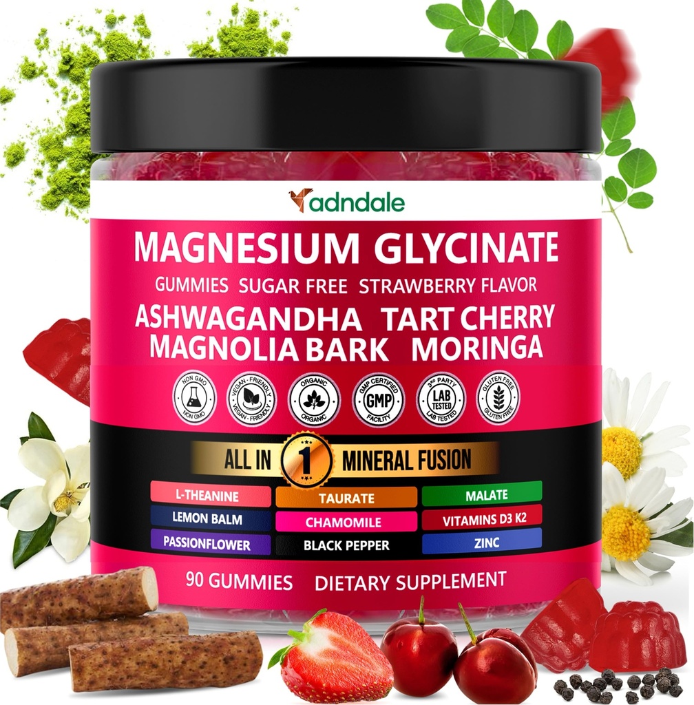 Adndale 90ct 15-in-1 甘油酸镁(Glycnition Gummys 400 mg/serv-) 与马来酸镁,阿斯瓦甘达,塔尔特樱桃,玛格诺莉娅·巴克,柠檬浆,激情花,香菊,L-天宁,锌,维生素K2 & D3