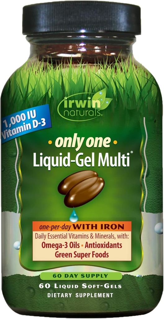 Irwin Naturals Only One Liquid-Gel Multi - 60 软胶 - One-Per-Day 多维特敏与铁,欧米茄-3油,抗氧化剂和绿色超级食品
