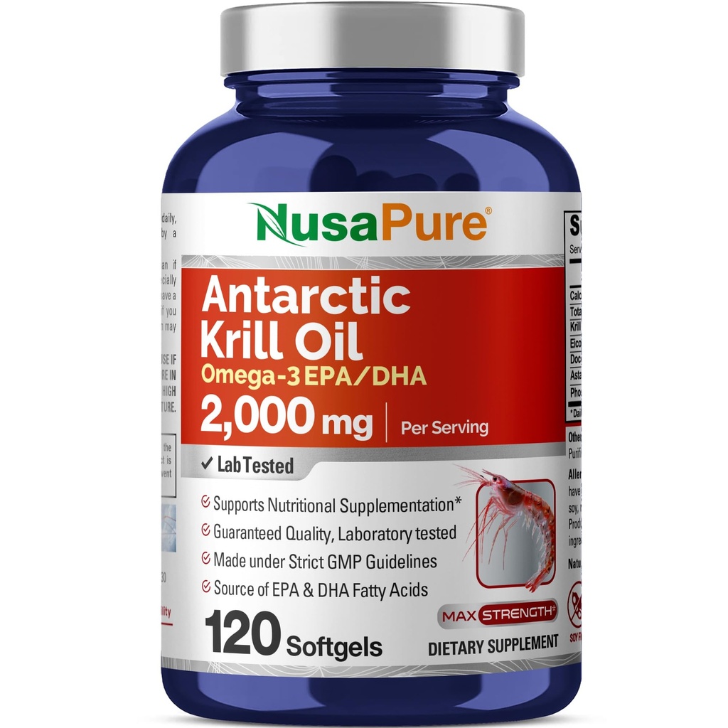 NusaPure 南极磷虾油 2000 mg 120 软胶,Omega-3 EPA 360mg,DHA 240mg,Soyfree Astaxanthin Supplement 来源于Krill 800ppm