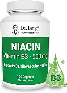 Berg Niacin博士 500mg 配有Flashing 用于心脏健康和能源支持* - 百日供应维生素B3 Niacin 来自Berg博士推荐的尼古丁酸 - 100 Capsules