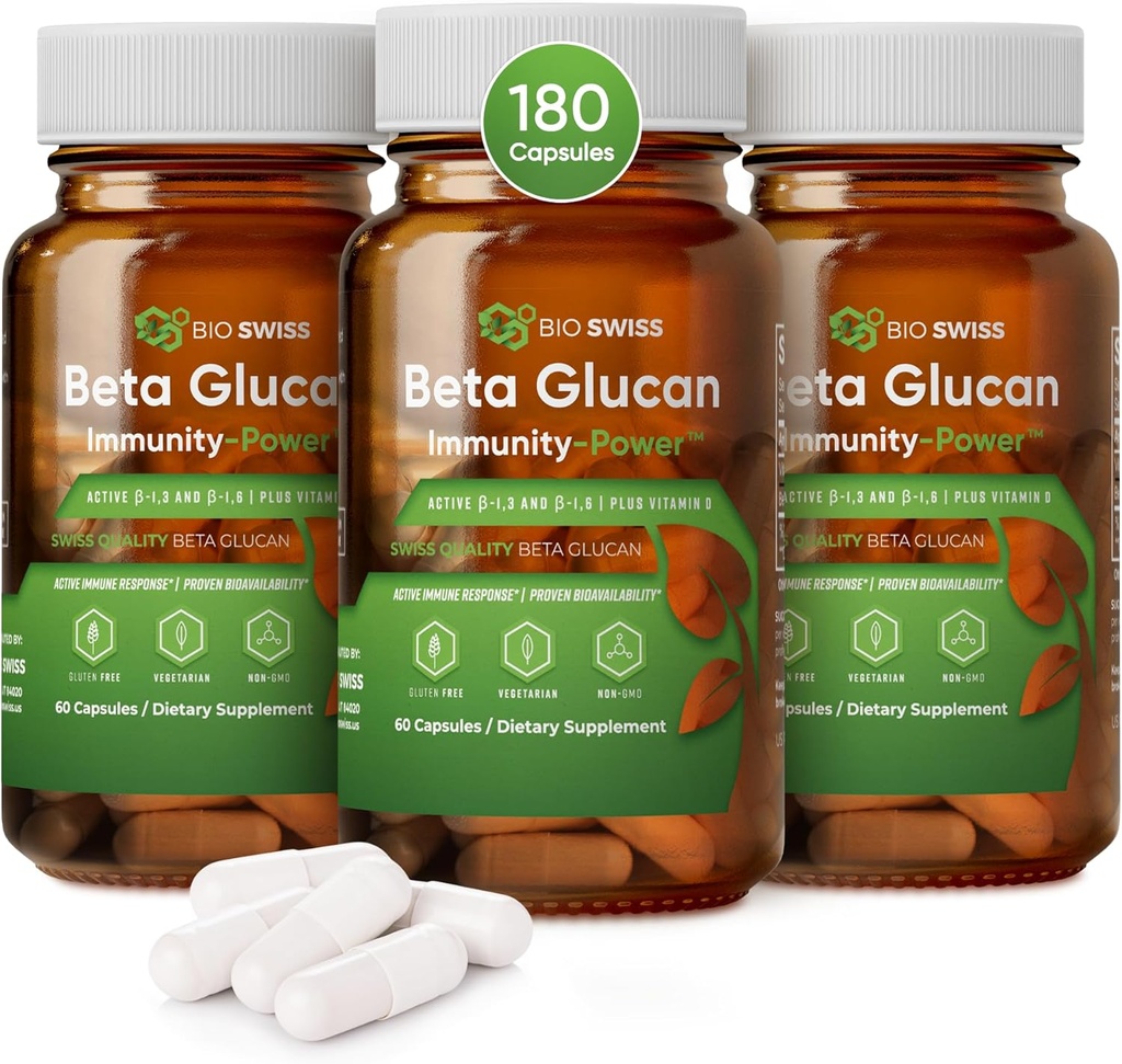 Bio 瑞士Beta Glucan豁免动力 - 1,3D-1,6D Glucan 配有维生素D - 强化防御与健康免疫辅助剂 - Vegan, Gluten-Free (180 Capsules)
