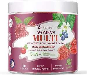 妇女多维他明、妇女多维他明Gummy w/Omega-3、Inositol、Folate、Biotin、维生素A、C、D3、E、B12、心脏、脑、头发、能源和免疫、无糖胶、Berry Flavor、90Ct