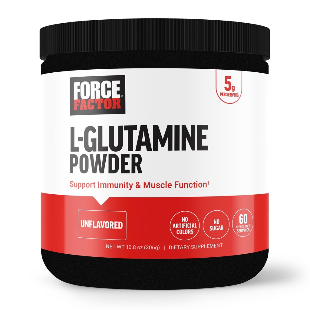 FORCE FACTOR L-Glutamine Powder 用于工作后恢复、肌肉恢复、健康肌肉功能和豁免,5000mg/5g Glutamine 补充剂,Vegan,非GMO,60种服务