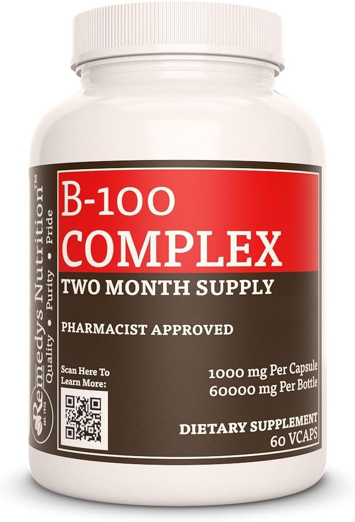 补救措施 营养维生素B-100 复合体 + 1,000 mg, 60 Vegan Capsules 饮食补充 → 两个月供应