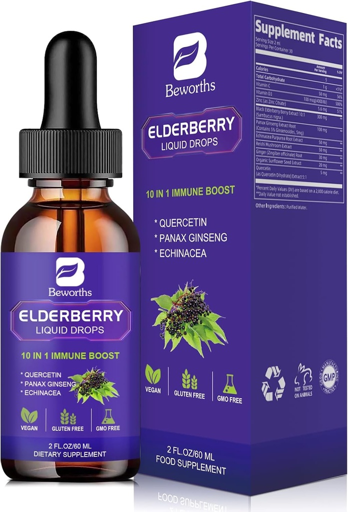 草莓草莓(Perderberry Syrup) QERCETIN 黑草莓液滴与Q,Panax Ginseng 用于免疫支持 桑布克斯 草莓(Sambucus Merderberry) 与维生素C和锌,D3 | Vegan | Non-GMO | 原文