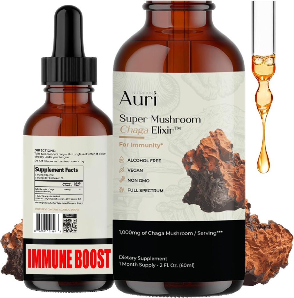 Auri Super Chaga Elixir - 蘑菇超食品液体补充剂,由氧化性压力和能量提升提供全谱免疫支持 - Chaga Tincture 60ml