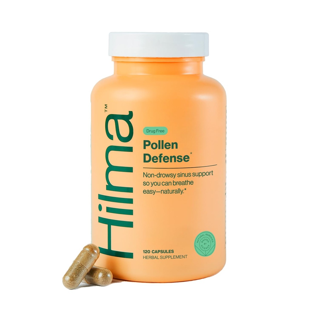 Hilma Natural Sinus Support, All Day Allergy and Sinus Relief from Pollen and Dust w/Butterbur, Stinging Nettles and Spirulina, Non-Drowsy, Organic, Clinically Proven Ingredients, 120 Vegan Capsules