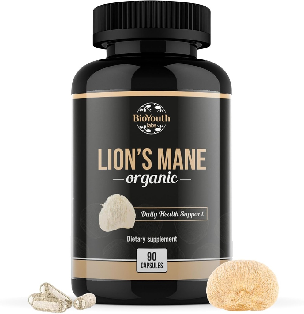 有机狮子 Mane 大脑支持 饮食 补充 Premium Lions Mane 蘑菇 提取 - 90 Capsules