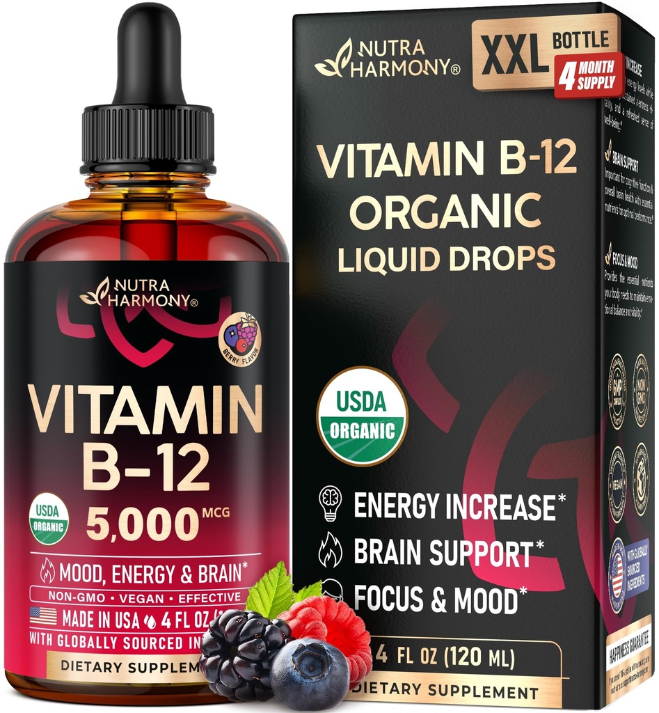 USDA 有机维生素B12 亚语言药滴 -- -- 5 000 mcg 液体 Vegan 甲基Cobalamin 供妇女和男子使用 -- -- 能源促进、重点和混合、脑健康支助 -- -- 最大限度地吸收 -- -- 4个月供应,4 f oz