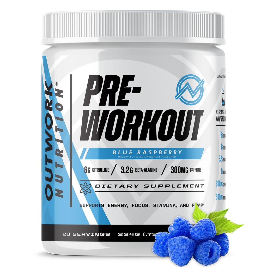 Outwork Nutrition Preworkout for Men & Women - Nootropic Pre Workout Without Creatine, Pre-Workout Powder with Taurine Rhodiola Citrulline Malate Beta Alanine Caffeine (Blue Raspberry)