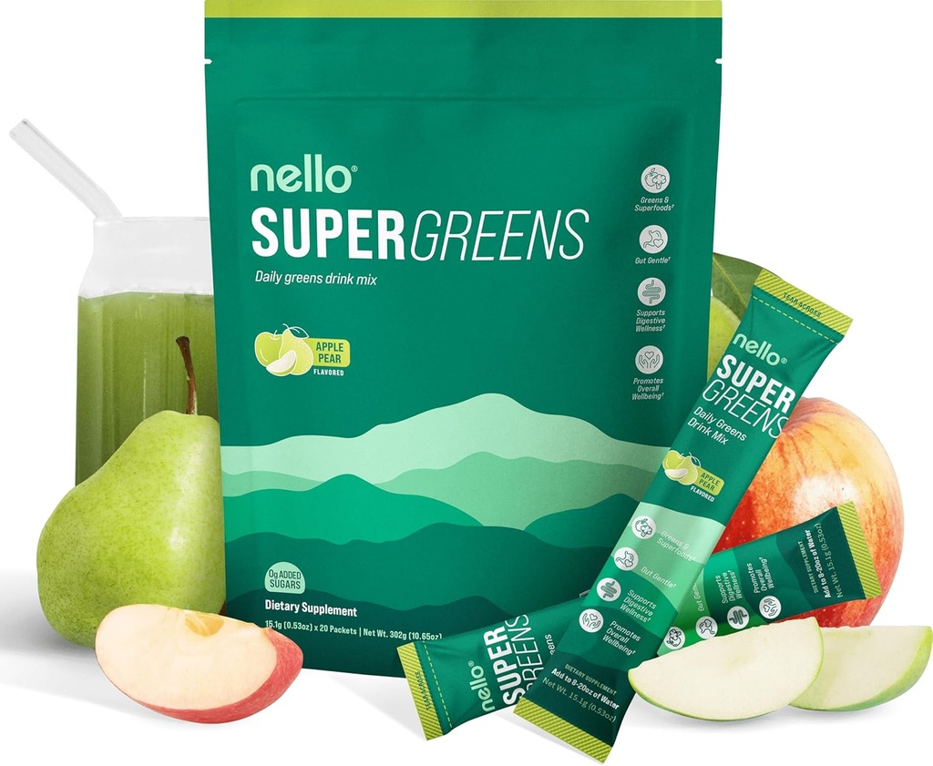 Nello Supergreens Superfoods 饮料混合 与氯氏菌,莫林加,菠菜,布罗科利,消化酶,以及Probiotics – Apple Pear Flavor, 20 services, Travel Pack
