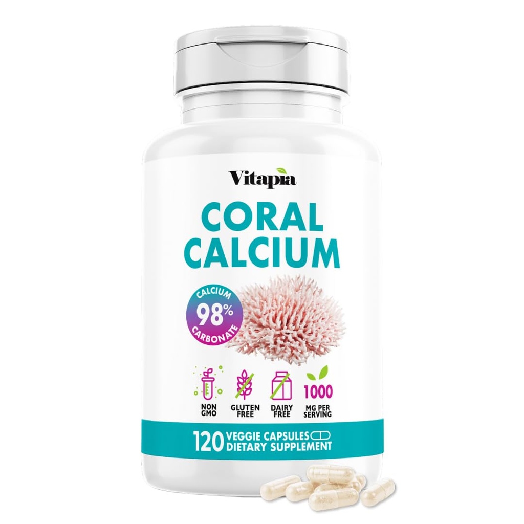 Vitapia 珊瑚钙 粉末 1000mg Capsules 用于总体健康、骨质健康、PH水平平衡、追踪矿物支持 - 120 Veggie Capsules - 非GMO和无胶质补充剂