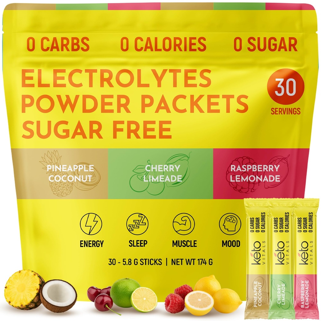 Keto Virtuals Tropical Keto Electrolytes Powder No 糖 - 配有钾,镁,钠,和钙的电解质 - 糖无电解质 Powder Packets 饮用 Mix和水解粉, 30 services