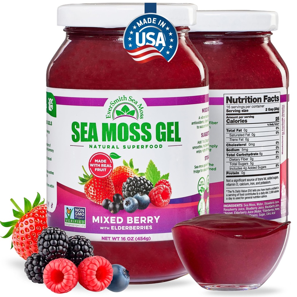 野生爱尔兰海 Moss Gel 在美国制造 富含维生素和矿物 海 Moss Gel Raw 营养补充 混合莓(16 oz)