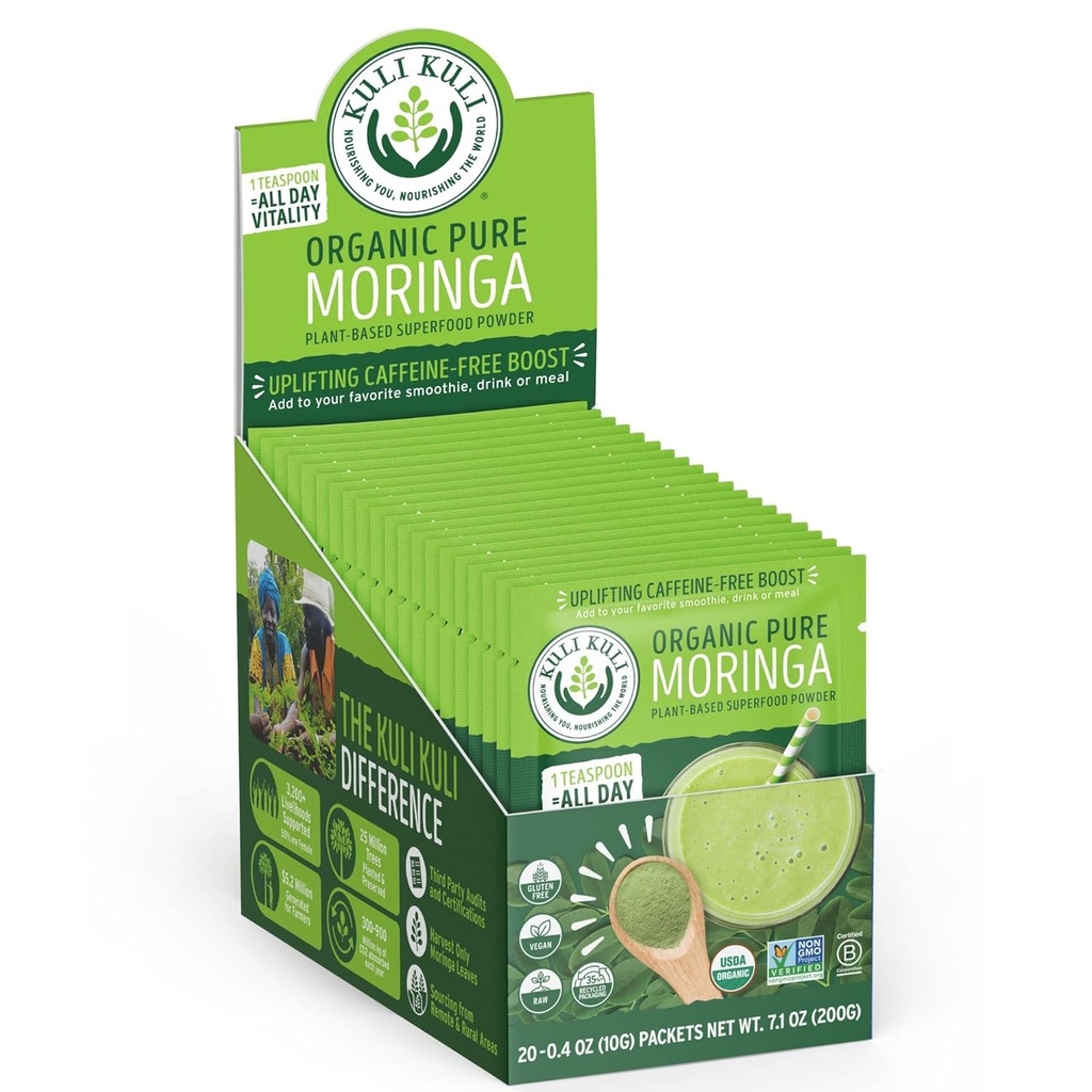 Kuli Kuli Moringa Oleifera 有机叶粉和绿色滑石,100%纯USDA认证与非GMO Moringa 粉,配有滑石,茶叶,以及食品,0.4 Ounce,包装20 (KK PM)