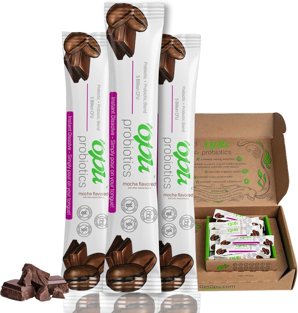 'Opu Probiotics Mocha Instant-Disolve - 一个月的供应 - 5亿 CPU's - 男人,妇女和儿童 w/ PRBiotics 无糖,Gluten无糖,非转基因生物