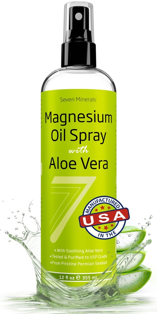 与Aloe Vera 12oz一起喷洒的七种矿物纯镁油 -- -- 药物(USP)等级,对脚、睡眠、肌肉疼痛和挤压进行即时救济的最高强度 -- -- 在美国开采