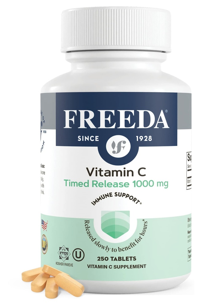 FREEDA 维生素C - 定时释放1000mg - 全天免疫和抗氧化剂支持慢放,胃上温和,Kosher & Vegan,高吸附药片(250片)