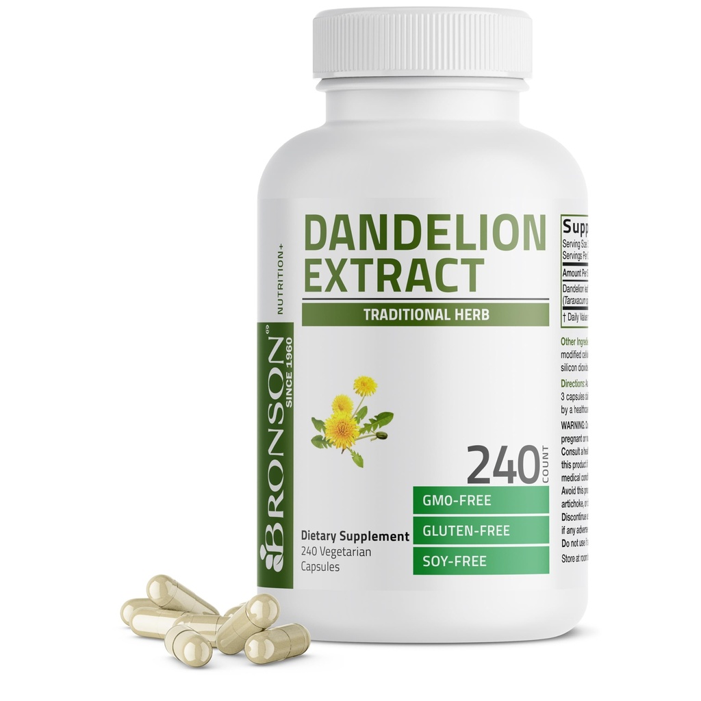 Bronson Dandelion 根高潜力补充剂,支持总体良好健康和福利,传统尿道草 -- -- 非GMO, 240个植物卡普尔