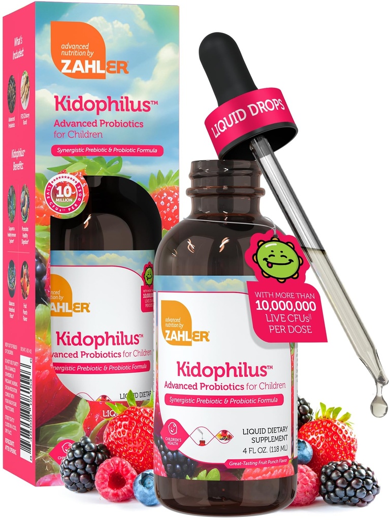 Zahler - Kidophilus Liquid Drops for Kids (4 Fl Oz) 认证的Kosher Kids 健康消化和免疫支持的Probiotic - 水果扑灭型儿童Probiots 补编