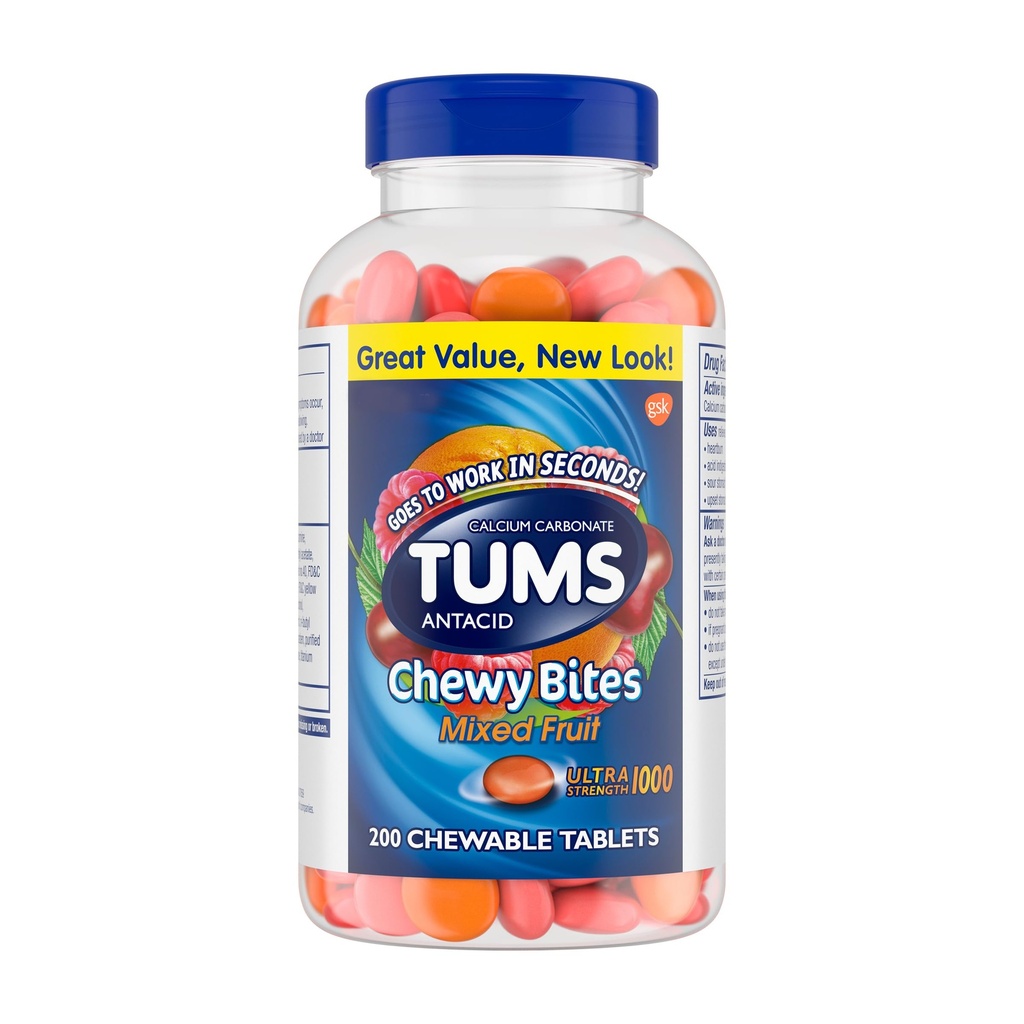 TUMS Chewy Bites Chewable Antacid 药片用于超强心脏烧伤救济,对于一个夏季BBQ-混合果实来说很棒 - 200个计数