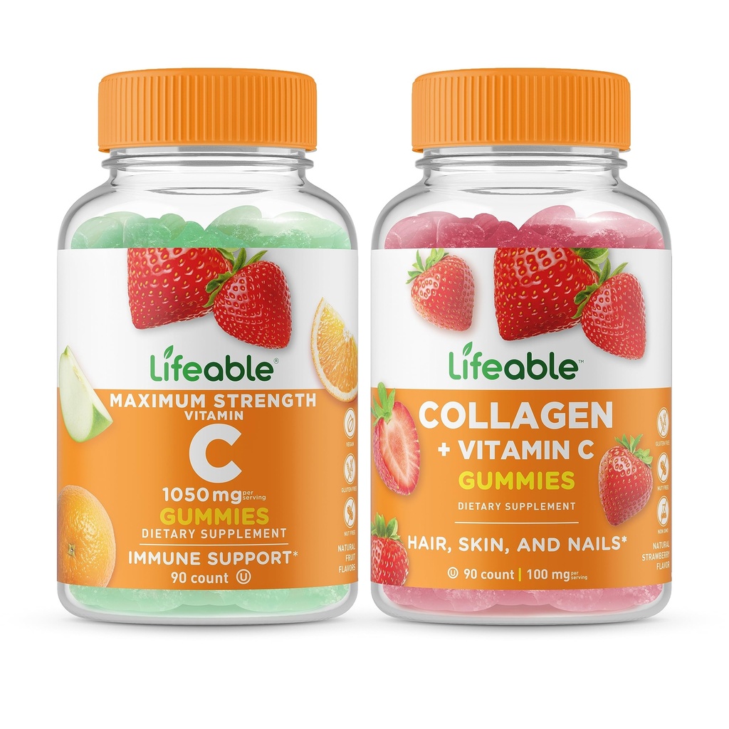 活生生的维生素C 1050mg + Collagen + Vitamin C, Gummys Bundle - 大品尝,维生素补充,Gluten Free, GMO Free, Chewwable Gummy (英语).