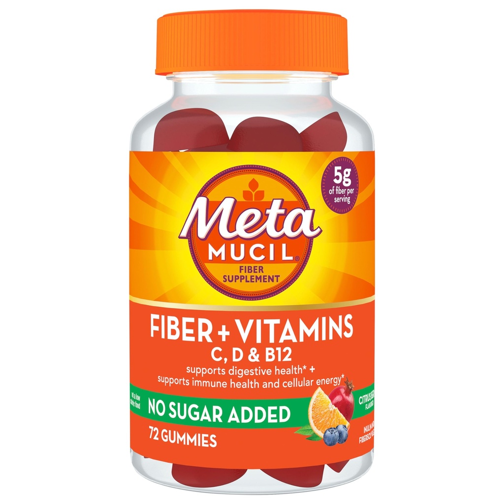 Metamucil Fiber Suplement 72 Gummys, Fiber + 维生素 C,D & B12 无糖添加,支持消化疗法 + 支持免疫健康 Citrus Berry Flavor.