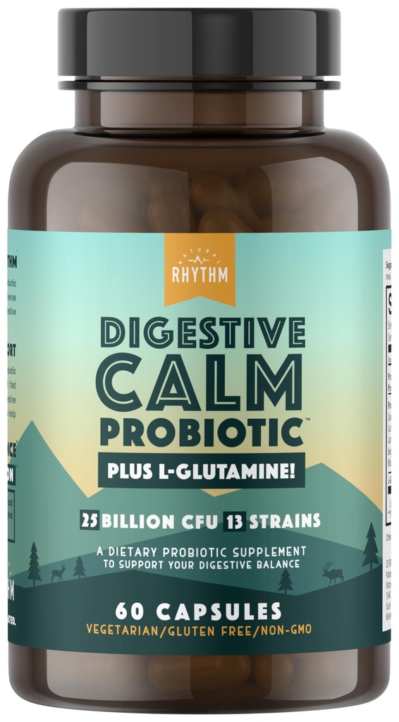 自然韵律 消化剂 平静 Probiotic(Plus L-Glutamine) 25亿 CPU 和 13 Strains. - 自然支持更好的消化 - Bloating & Consipation + Gas Relief & Leaky Gut - 60 Capsules.