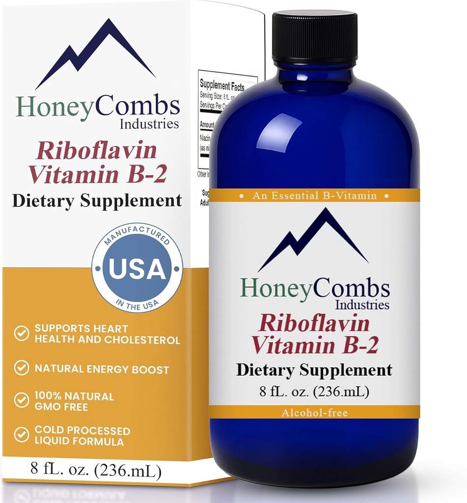 HoneyCombs Vitamin B2 Riboflavin 补充液滴 - 男女高发性维生素B2 - 保持健康消化,神经系统,头发,皮肤,钉子 - Vegan 液体维生素(8 Fl oz)