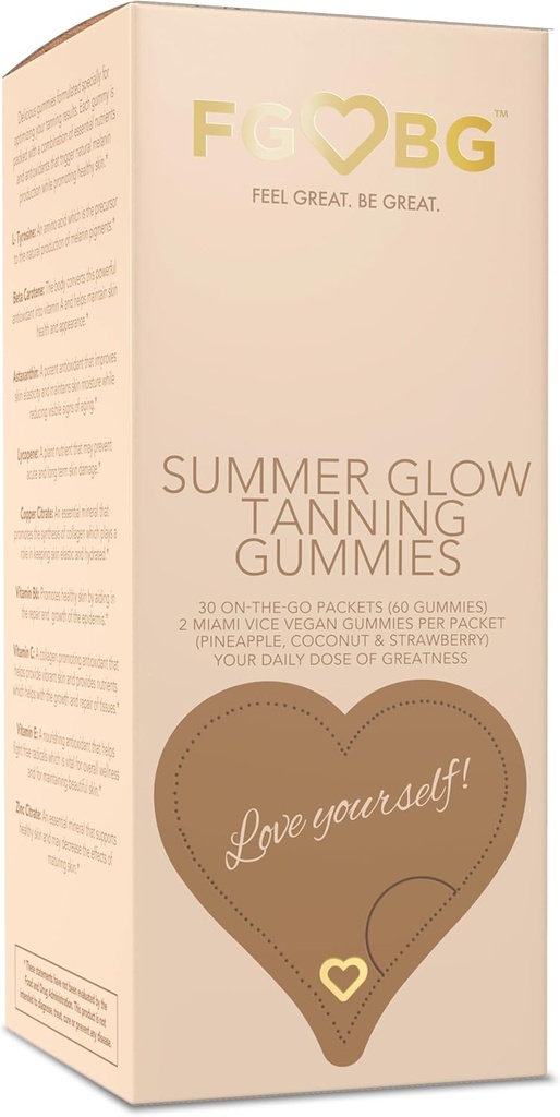 Summer Glow Tanning Gummies - Miami Vice Flavor - Pineapple, Coconut, & Strawberry - Vegan - Gluten-Free - Dairy-Free - Natural Ingredients - Essential Nutrients - Travel Size - 30 -Day Supply