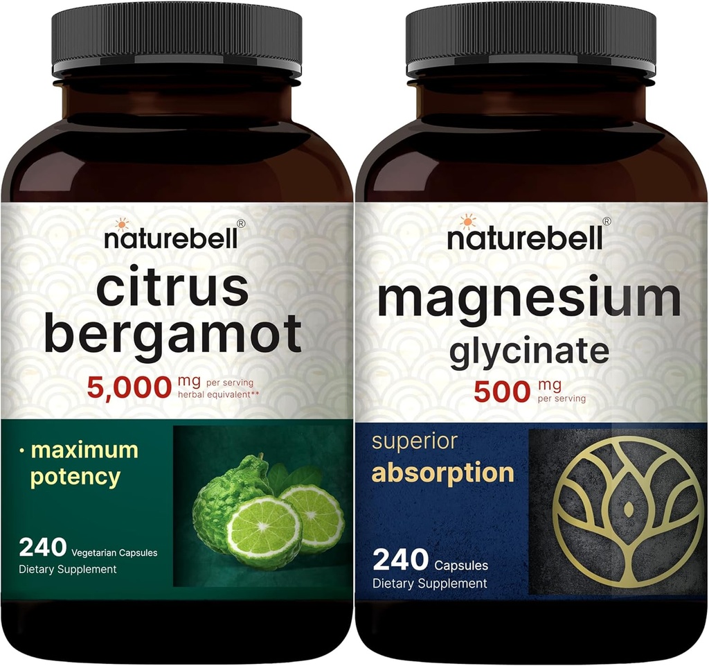 NatureBell Magnesium Glycinate Capsules 500mg & Citrus Bergamot Vegugot Vegige Capsules 5,000 mg 等效包包装 | Chelated & Puilized Mineral | 高抗氧化剂水平