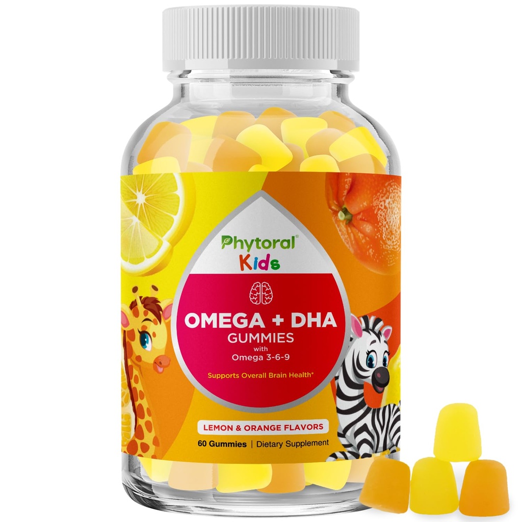 儿童Omega和DHA Gummys - 脂肪酸Omega 3 6 9 含维生素C的视觉 - 儿童健康神经系统营养DHA 和重点支持 - 鱼无味 - 60个计数