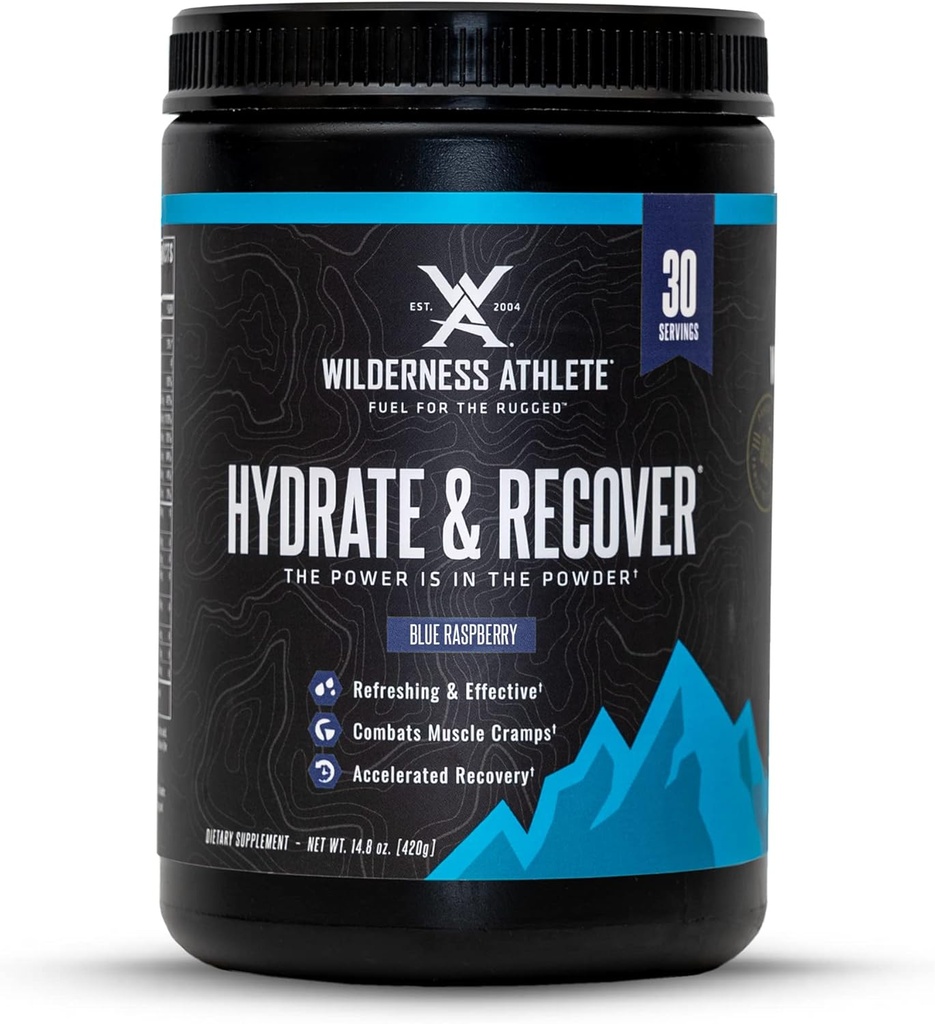 Wilderness Athlete - Hydrate & Recovering QQ液态水溶胶 电解液 饮料 混合剂 - 与 Bcaas 更快的恢复 - Hydrate Powder 含有1000mg 维生素 C - 30 service Tub(蓝莓)