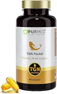 TGN rTG Premium rTG Omega-3 鱼油1000mg - 400% 高吸收率和99.9% 纯度 - 600mg EPA 和 300mg DHA 用于心脏,脑,眼睛和联合支持 - 无鱼余味,在德国制造,60厘米