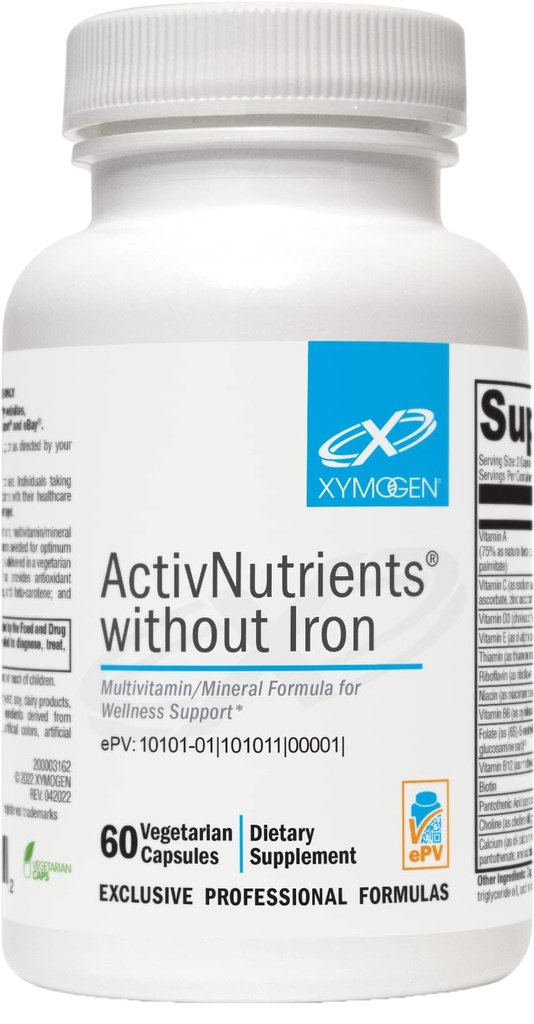 XYMOGEN ActivNutrients Without Iron - 多维他命多矿物促进健康、免疫、能源和木质支持 - Chelated Minerals + 富拉特活性B维生素(60 Capsules)