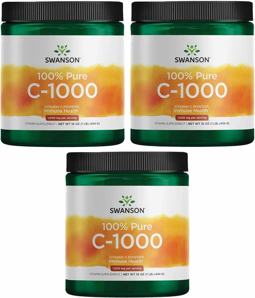 Swanson 维生素C 粉末 100%纯Ascorbic酸、免疫系统支持、皮肤健康、心血管健康、抗氧化剂补充剂1000毫克(每服) 1磅454克(3包)