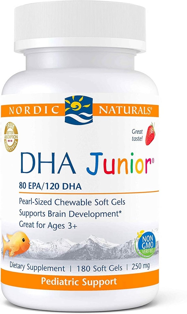 北欧自然项目 Pro DHA Junior,草莓 - 180 Mini Chewable Soft Gels - 250 mg 总 Omega-3 配有 EPA & DHA - 大脑发育和视觉功能 - 非GMO - 45 服务
