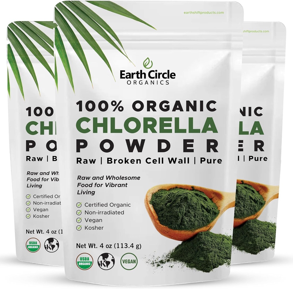 有机氯草原超级食品(Chlorella Powder Superfoods) 裂细胞壁氯素,维干,超绿色藻类,清洁氯草原,高蛋白,纤维和氨基酸-4oz(3包)