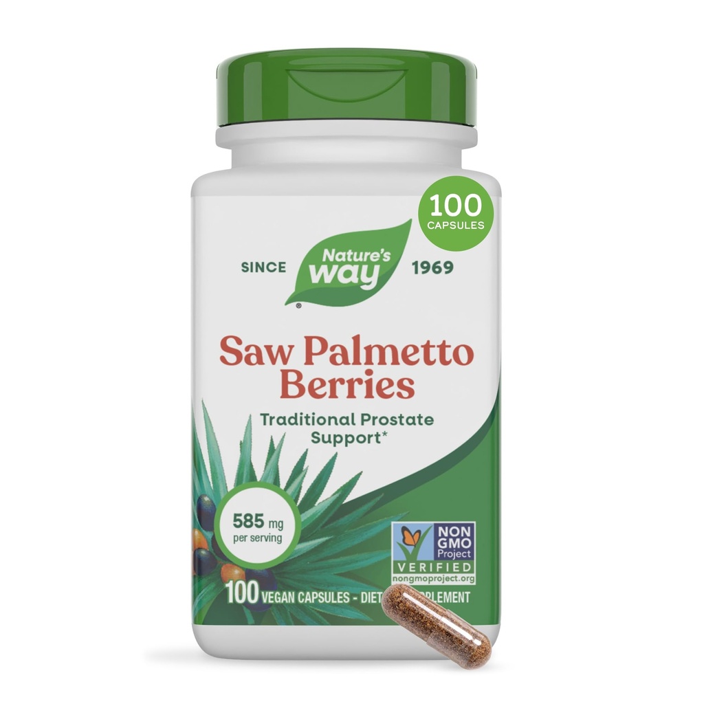 Nature's Way Saw Palmetto Berries, 传统前列腺支持*,每服务585毫克,非GMO项目验证,Vegan,100 Capsules(包装May Vary)