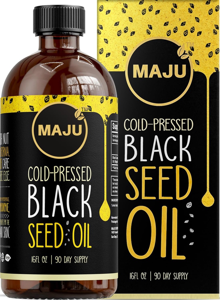 MAJU的黑种子油 16oz:3X Thymoquinone,冷压,100% 土耳其黑Cumin Nigella Sativa种子油(Better Than Organization),非GMO,100%液体纯黑种子油,玻璃瓶